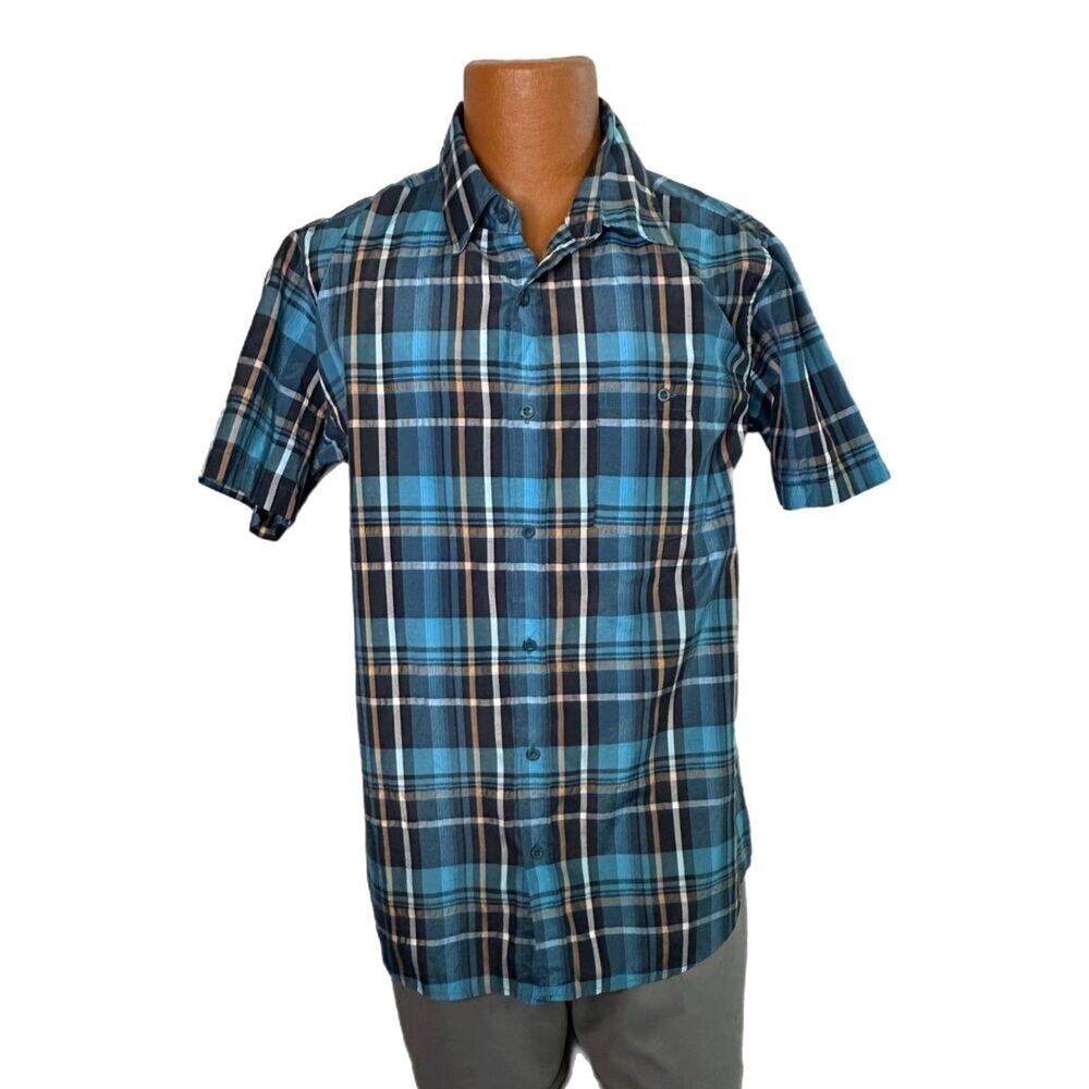 C22 Bold Blue Short-Sleeve Blue Plaid Button Down Shirt, XL, Pre-owned